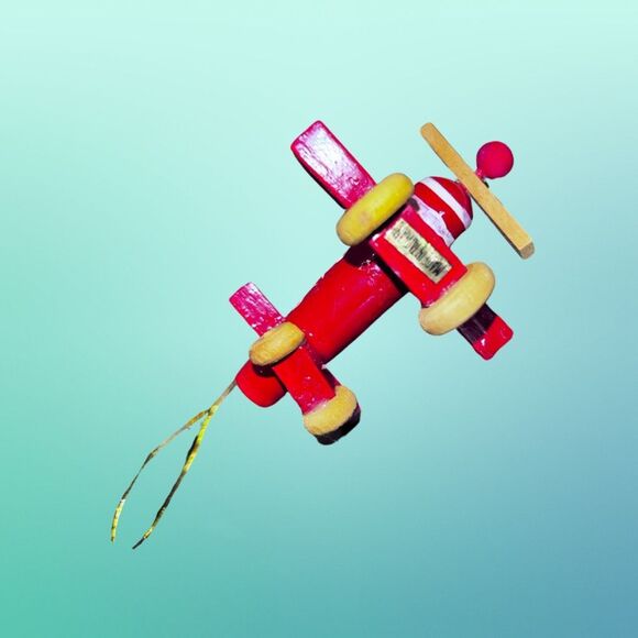 Vintage Handpainted Wooden Christmas Airplane Figurine Ornament - Picture 4 of 5